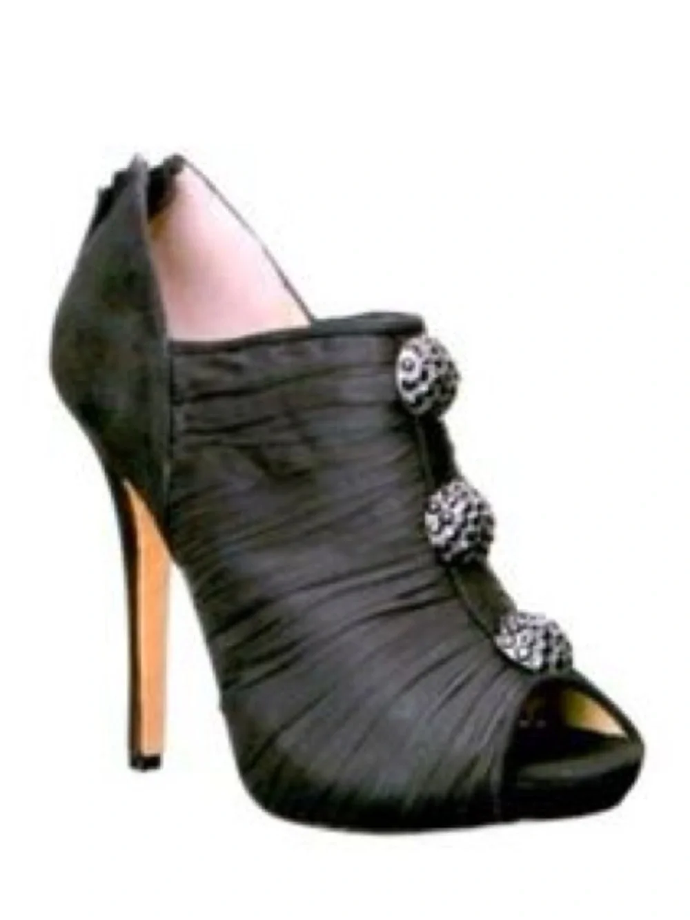 Betsey Johnson Black Ruched Chiffon Peep Toe Booties Heels Crystal Buttons 9.5